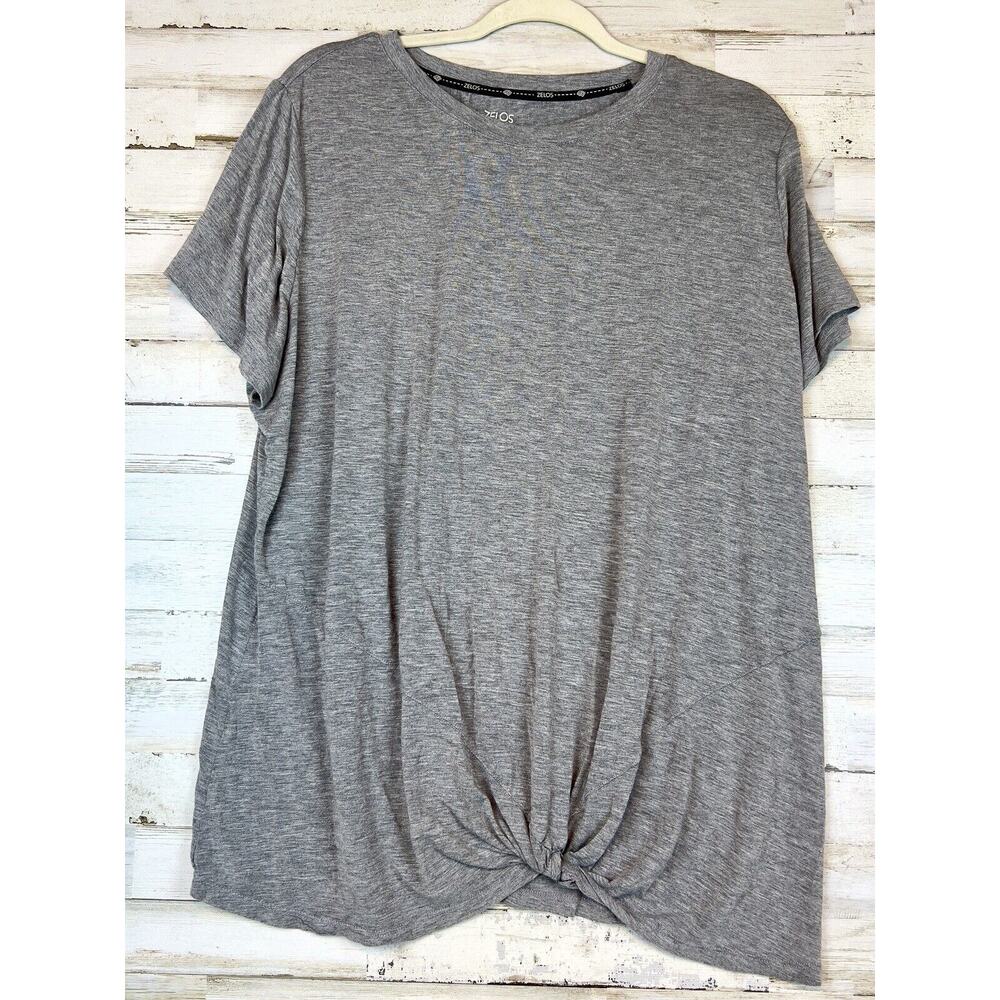 Zelos Womens 2X Gray Long Crew Neck Short Sleeve Knot Front Tee Shirt